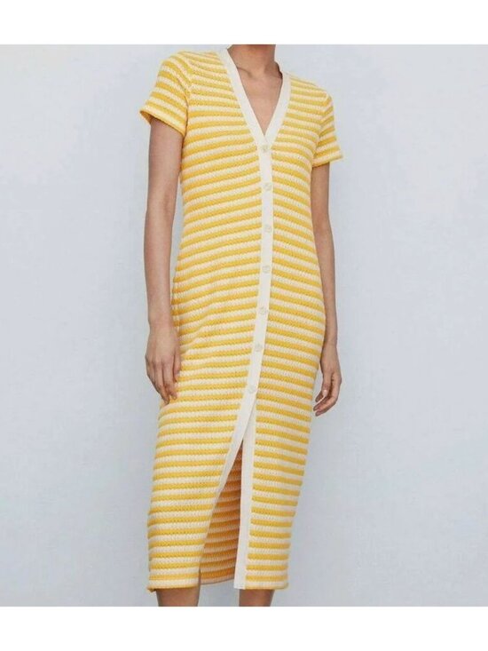 Mango Dresses & Skirts - MNG Yellow Stripe Knit Button Front Midi Dress Size 14